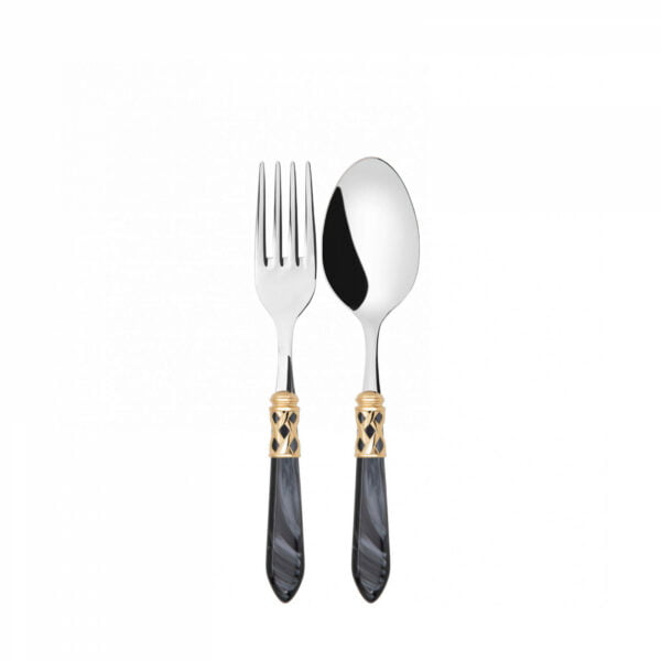Bugatti Serving Fork & Spoon Set 18/10 Gold Black Handle
