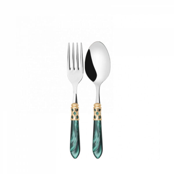 Bugatti Serving Fork & Spoon Set 18/10 Gold Green Handle